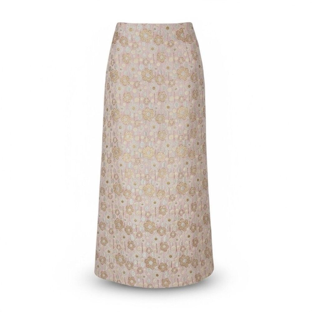 *Vintage 1970s Quilted Gold And Silver Flowers Embroidered Pink Maxi Skirt Small